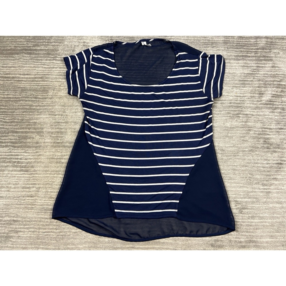Studio Y Top Womens‎ Large Blue Striped Semi Sheer Back Short Sleeve Rayon Blend